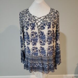 American Eagle Outfitters Womens Top Sz S Blue White Floral Boho Peasant Sleeves